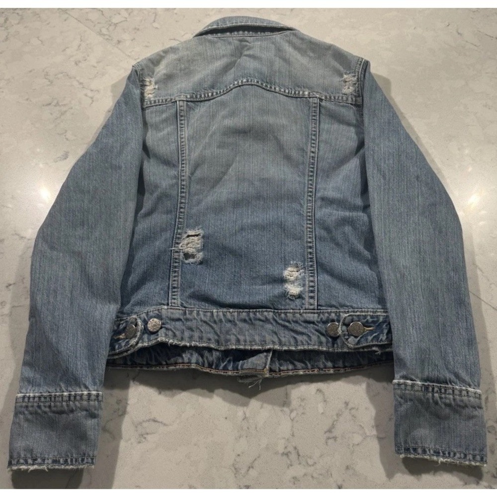 VTG 90s J.Crew Denim Jacket Womens XS Blue Distressed Trucker Casual Y2K - Picture 10 of 10